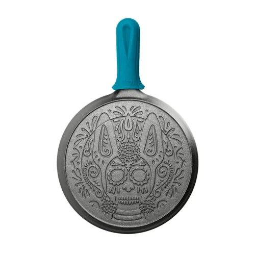 Alternative view of 10.5 Inch Seasoned Cast Iron Xolo Sugar Skull Griddle with Deluxe Handle Holder